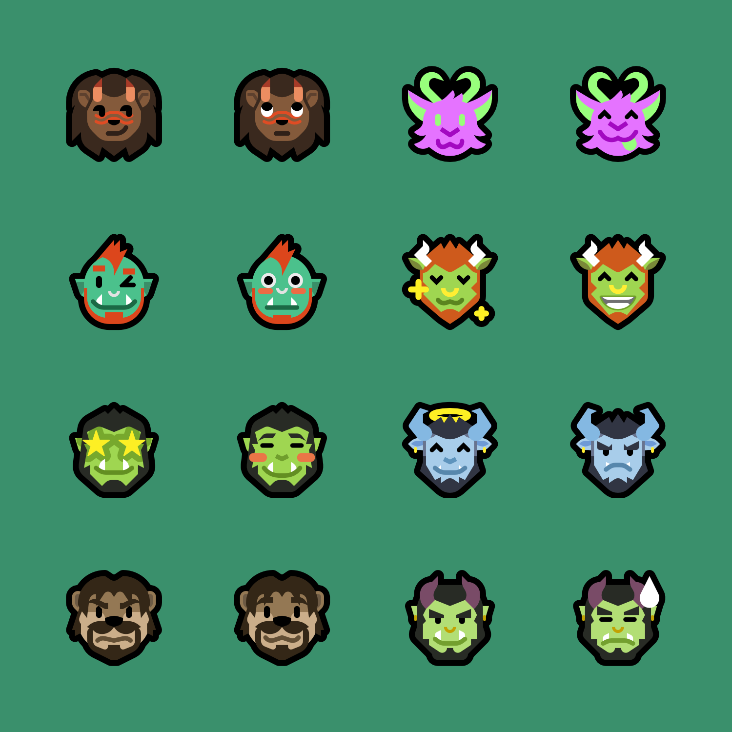 Pairs of the same characters (like orcs, tieflings, lions, otters and other furries) in two different facial expressions arranged in a grid on top of a cool green background.