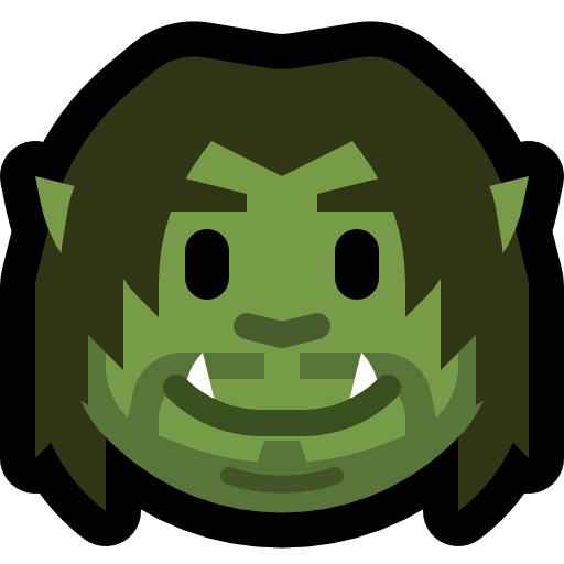 A minimalist vector emoji of a fat green-skinned orc with long centre-parted hair smiling.