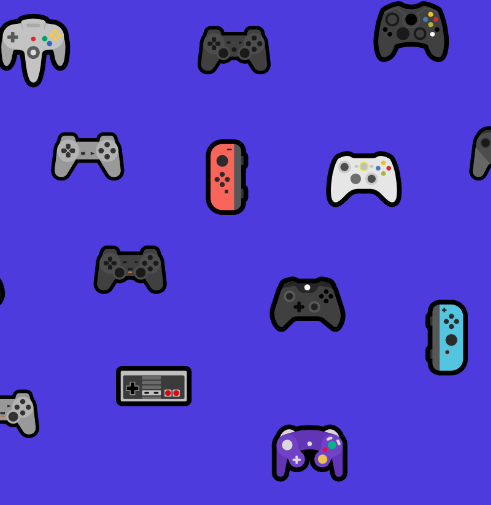 A series of scattered controller emoji on a bright blue background.