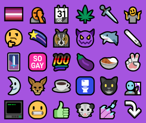 A series of boldly-coloured, minmalist emoji (animals, symbols, smileys, objects, etc.) arranged in a grid on top of a bright purple background.